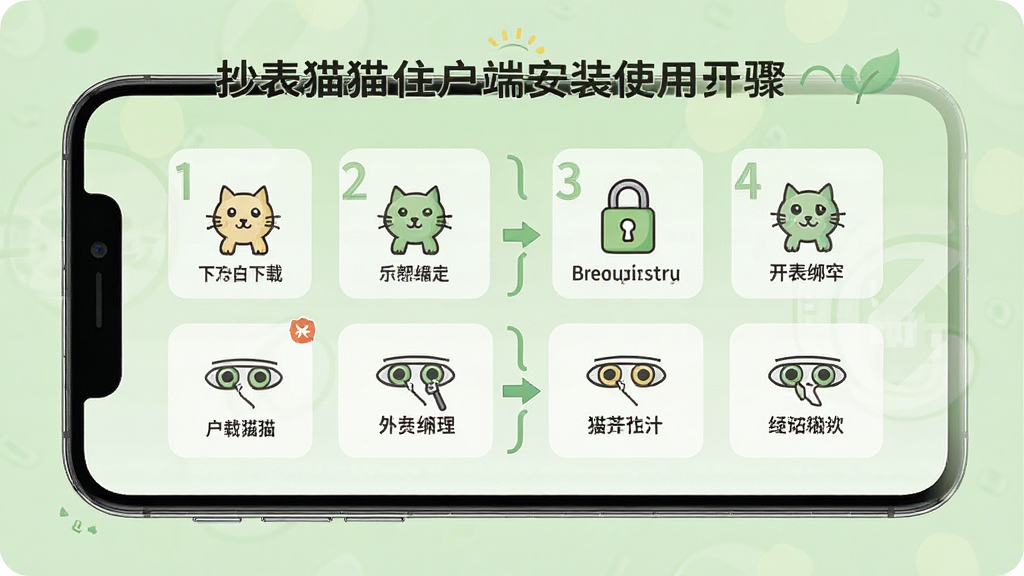 一张展示抄表猫住户端安装使用步骤的图片,主体为手机屏幕显示从下载到绑定的四步操作流程图,屏幕中每步配有图标和简短文字说明,布局为垂直步骤条结构,风格为清新教程风格,细节包括步骤编号、箭头引导、浅绿色背景,画质高清干净无多余元素