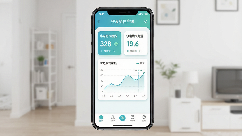 一张展示抄表猫住户端手机应用界面的图片,主体为一部竖屏智能手机,屏幕中显示抄表猫住户端APP首页,页面顶部显示软件名称“抄表猫住户端”,中部有水电燃气用量数据卡片和折线图,底部有导航栏按钮,布局居中,风格为现代简洁扁平化设计,细节包括圆角卡片、柔和阴影、清新蓝绿色调,画质高清干净无多余元素