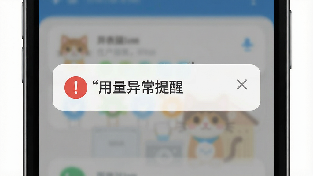 一张展示抄表猫住户端异常提醒功能的图片,主体为手机屏幕弹出通知提醒框,屏幕中通知内容显示“用量异常提醒”,布局为通知卡片居中显示,风格为简洁明快扁平化设计,细节包括红色感叹号图标、关闭按钮、半透明遮罩背景,画质高清干净无多余元素