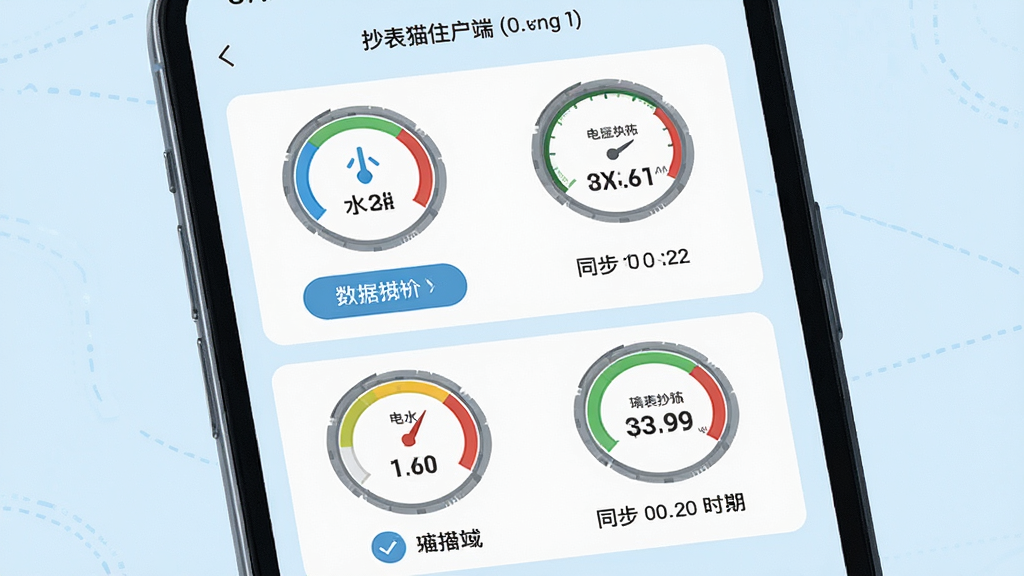 一张展示抄表猫住户端远程抄表功能的图片,主体为手机屏幕显示远程抄表数据页面,屏幕中呈现水表电表燃气表三个圆形仪表盘图标及对应读数,布局为上下结构,风格为科技感扁平化设计,细节包括数据刷新按钮、同步时间戳、淡蓝色背景,画质高清干净无多余元素