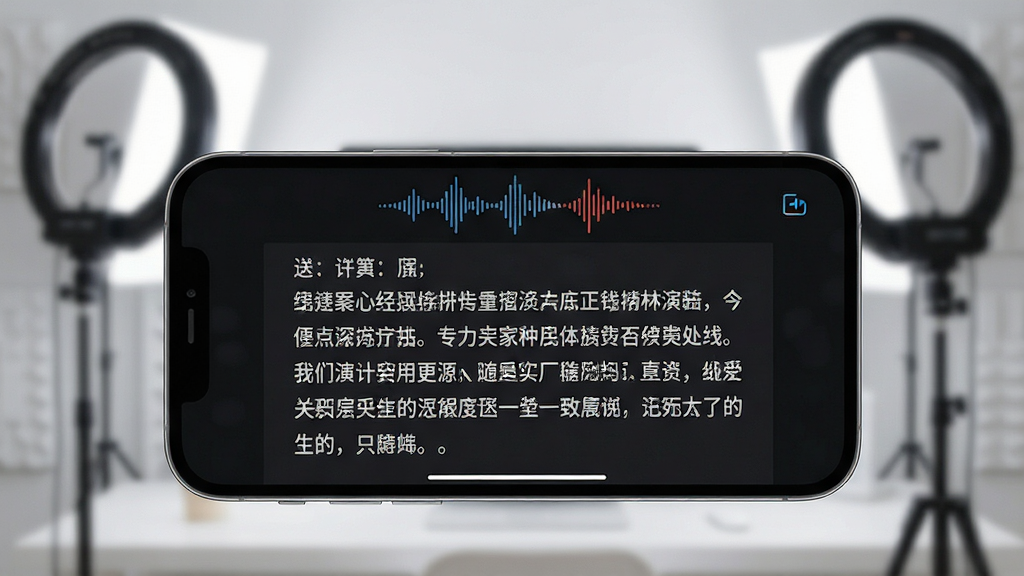 一张展示随声提词软件核心界面的图片。画面主体是一台横向放置的智能手机,屏幕中显示着一篇正在滚动的中文演讲稿,文字清晰醒目,顶部有语音识别波纹动效。手机背景是简洁的现代直播间环境,有柔和的灯光和模糊的补光灯轮廓。整体风格科技、简洁、专业,画质清晰,画面干净,无多余元素。