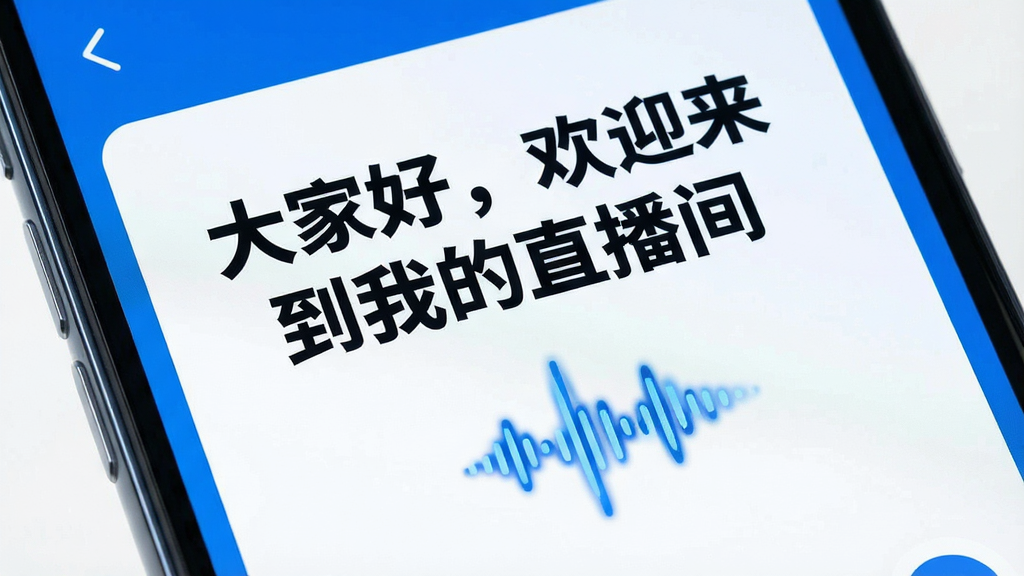 一张特写图片,展示手机屏幕上的随声提词器界面。屏幕中央有一行加粗的中文台词“大家好,欢迎来到我的直播间”,台词下方有一个动态的声波图标正在闪烁。画面风格为扁平化科技风,色彩以蓝色和白色为主,突出智能与精准感,画质清晰,背景干净。