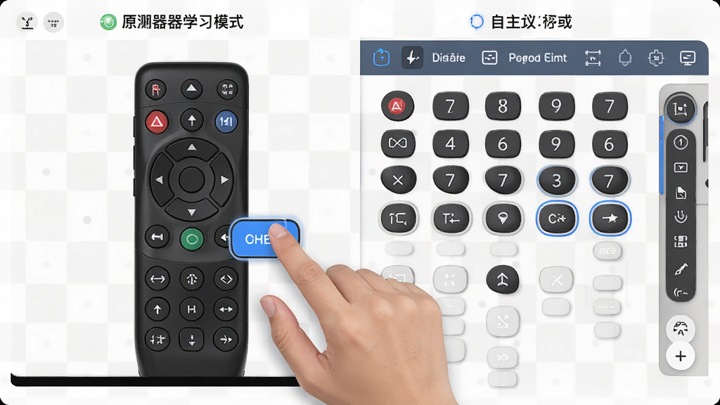 一幅展示万能遥控器自定义编辑界面的示意图,用户正在拖拽虚拟按钮调整位置,屏幕左侧是原遥控器学习模式,右侧是自定义面板,布局分栏式,风格现代工具类,细节包含清晰的按键图标和编辑工具栏,画质高清,干净,无多余元素
