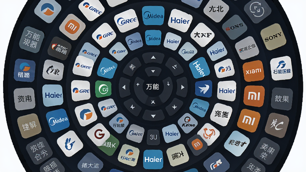 一幅展示万能遥控器应用内部界面的插图,屏幕中央显示海量品牌图标如格力、美的、海尔、索尼、小米等环绕排列,布局呈圆形发散状,风格扁平化科技感,细节包含清晰的中文品牌名称和分类标签,画质清晰,干净,无多余元素