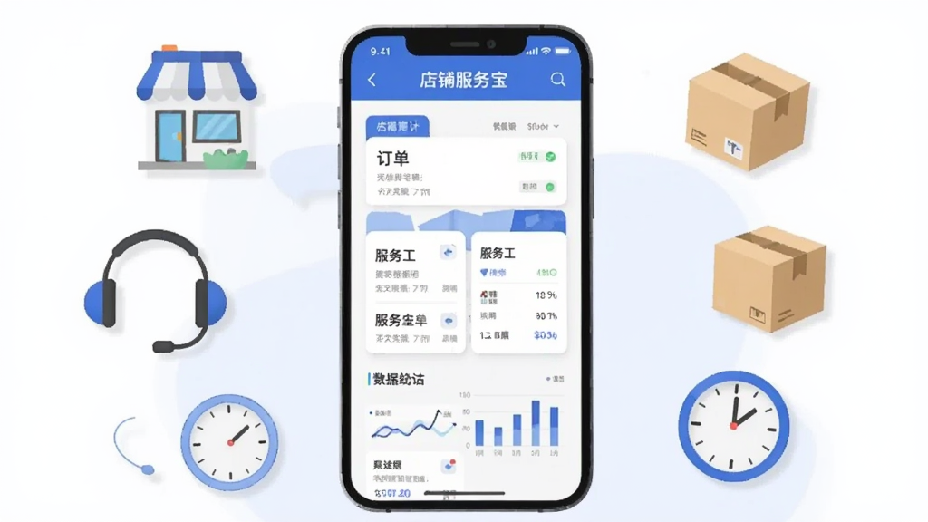 画面中央展示一部智能手机,手机屏幕中显示店铺服务宝APP的主界面,界面中包含订单列表、服务工单卡片与数据统计图表,手机周围环绕着店铺、客服耳机、包裹箱、时钟等小图标元素,整体采用扁平化插画风格,配色以蓝色和白色为主,背景干净简洁,画质清晰,无多余元素