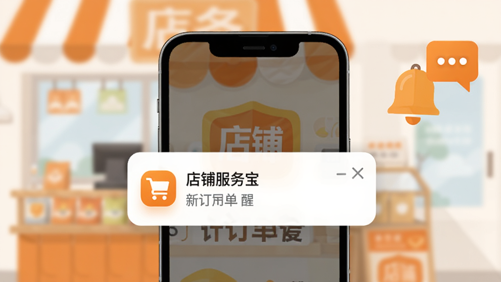 画面中央一部手机弹出通知横幅,横幅上显示“店铺服务宝”字样与新订单提醒图标,手机背景为模糊的店铺场景,画面右侧有一个铃铛图标与消息气泡,整体采用现代扁平化风格,配色以橙色和白色为主,画质清晰,干净无多余元素