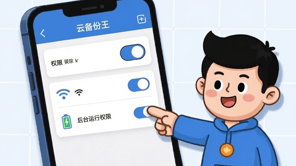 画面主体为一部手机屏幕显示聊天记录云备份王设置界面,界面中有权限开关、Wi-Fi图标、电池优化图标,旁边有一个卡通人物手指指向“后台运行权限”开关。布局采用手机界面与卡通人物结合的方式,手机位于画面左侧,人物位于右侧。排版上界面元素清晰,人物表情友好。风格为扁平化卡通插画,色彩以蓝色、白色和橙色为主。细节包括开关有高光、人物有阴影、背景有淡淡的网格线。画质高清,干净,无多余元素。