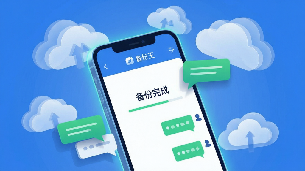 画面主体为一部智能手机屏幕显示聊天记录云备份王的备份进度界面,周围环绕着漂浮的云朵图标和代表聊天记录的对话气泡。布局采用中心聚焦式,手机位于画面正中央略微倾斜,云朵呈半透明状环绕在手机上方和两侧。排版上手机屏幕内容清晰可见,显示“备份完成”字样。风格为现代科技感扁平插画,色彩以蓝色和白色为主调,点缀少量绿色表示安全。细节包括手机边缘有微光、气泡带有细微阴影、云朵有层次感。画质高清,干净,无多余元素。