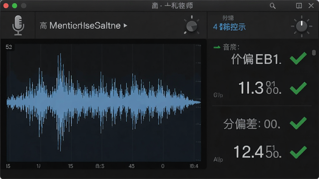 调音大师软件高精度拾音功能展示,主体为声波波形图与音分偏差数值并列显示,布局为左侧波形右侧数值,排版清晰直观,风格为专业音频软件界面,细节包含麦克风图标与绿色对勾标识,画质清晰干净无多余元素