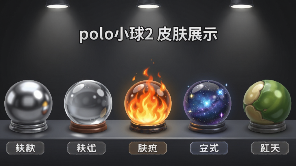 一排不同外观的小球整齐排列在展示台上,有金属质感的银色球、透明的水晶球、燃烧的火焰球、闪烁的星空球等,每个小球下方有对应的名称标签,画面采用产品展示风格,背景为深灰色渐变,顶部有聚光灯照射,小球表面反射出细腻的光泽,整体布局规整,画质精细,无多余元素,风格为游戏皮肤图鉴界面,画面中央有文字“polo小球2 皮肤展示”