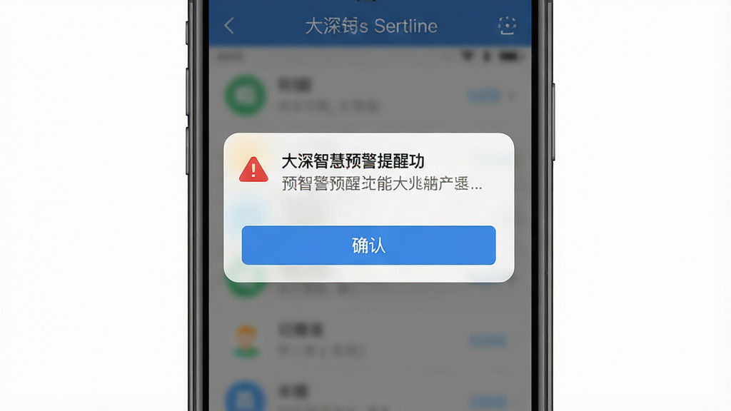 一张展示大深智慧预警提醒功能的手机界面,主体为手机弹出通知窗口,布局为居中弹窗,排版简洁,风格为扁平化设计,细节包括红色警示图标、文字说明、确认按钮,画质高清,干净无多余元素