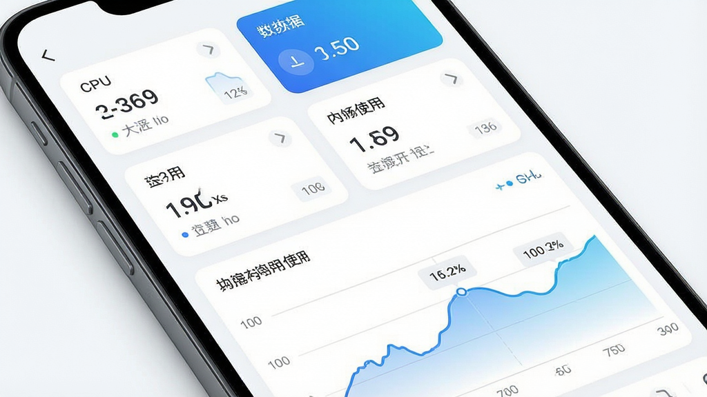 一张展示大深智慧实时监测功能的界面截图,主体为手机屏幕显示CPU和内存使用曲线图,布局为上下结构,上方为数据卡片下方为折线图,排版整齐,风格为现代简约科技风,细节包括蓝色渐变线条、白色背景、清晰的数值标注,画质高清,干净无多余元素