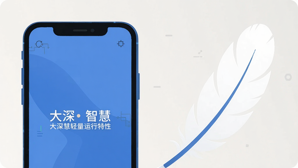 一张展示大深智慧轻量运行特性的概念图,主体为手机与羽毛的组合,布局为左右结构,左侧手机右侧羽毛,排版简洁,风格为创意扁平化,细节包括蓝色手机、白色羽毛、浅色背景,画质高清,干净无多余元素