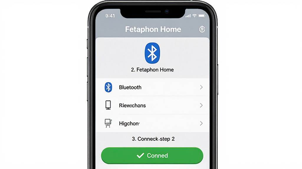 Fetaphon Home 设备连接引导界面,主体为手机屏幕显示蓝牙搜索列表与连接步骤提示,布局为手机居中特写,排版分步骤展示图文说明,风格友好引导式UI,细节包括“Fetaphon Home”标题、蓝牙图标、设备名称列表、绿色连接成功按钮,画质高清干净无多余元素