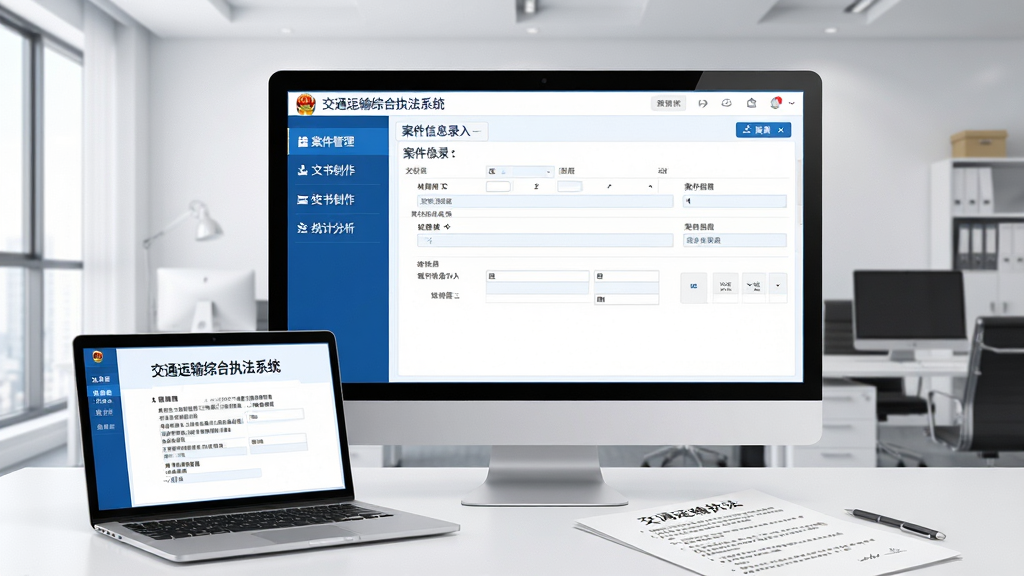 交通运输综合执法系统软件主界面全貌预览图,画面中央展示电脑屏幕上运行的软件操作界面,左侧为功能导航栏包含案件管理、文书制作、统计分析等模块,右侧为案件信息录入表单区域,界面采用蓝白商务配色风格,屏幕前方放置一台笔记本电脑和一份交通运输执法文书,背景为简洁的现代办公室环境,整体画面干净整洁无多余元素,高清晰度画质