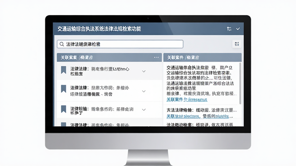 交通运输综合执法系统法律法规检索功能界面风格图片,画面展示电脑屏幕中法规数据库检索页面,搜索框内输入关键词,下方列表展示匹配的法律法规条文,每条法规前有书签图标,右侧显示法条详细内容与关联案件链接,界面风格简洁专业,蓝灰色调,画面干净无多余装饰元素