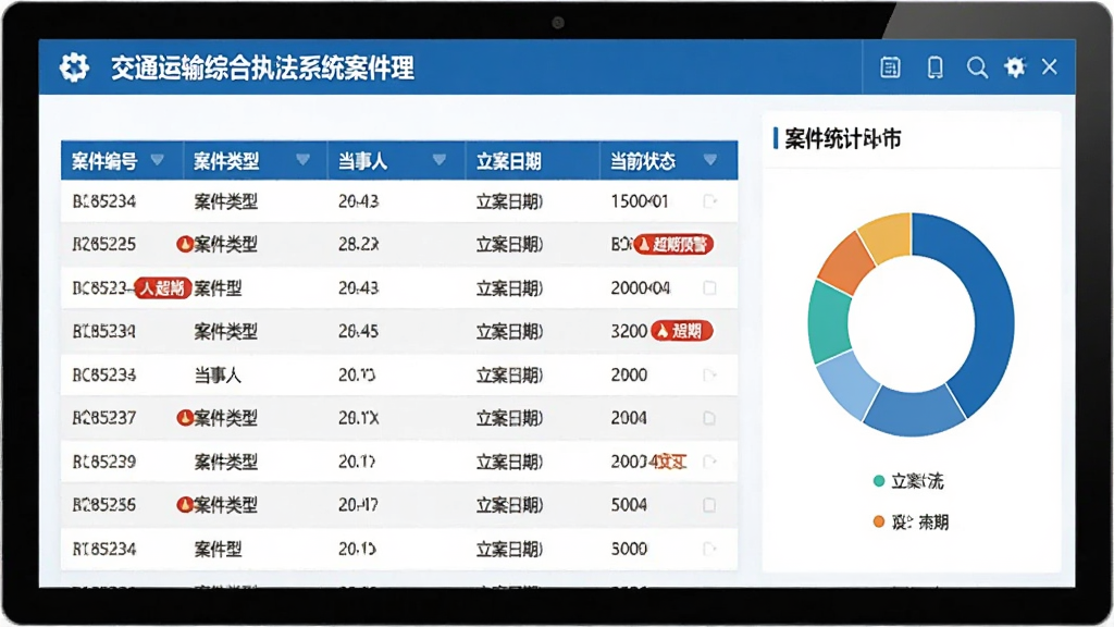 交通运输综合执法系统案件管理功能界面截图风格图片,画面展示电脑屏幕中的案件列表页面,表格中列有案件编号、案件类型、当事人、立案日期、当前状态等字段,部分案件标注红色超期预警图标,屏幕右侧显示案件统计环形图,整体采用蓝白配色商务风格,画面干净清晰无杂乱元素