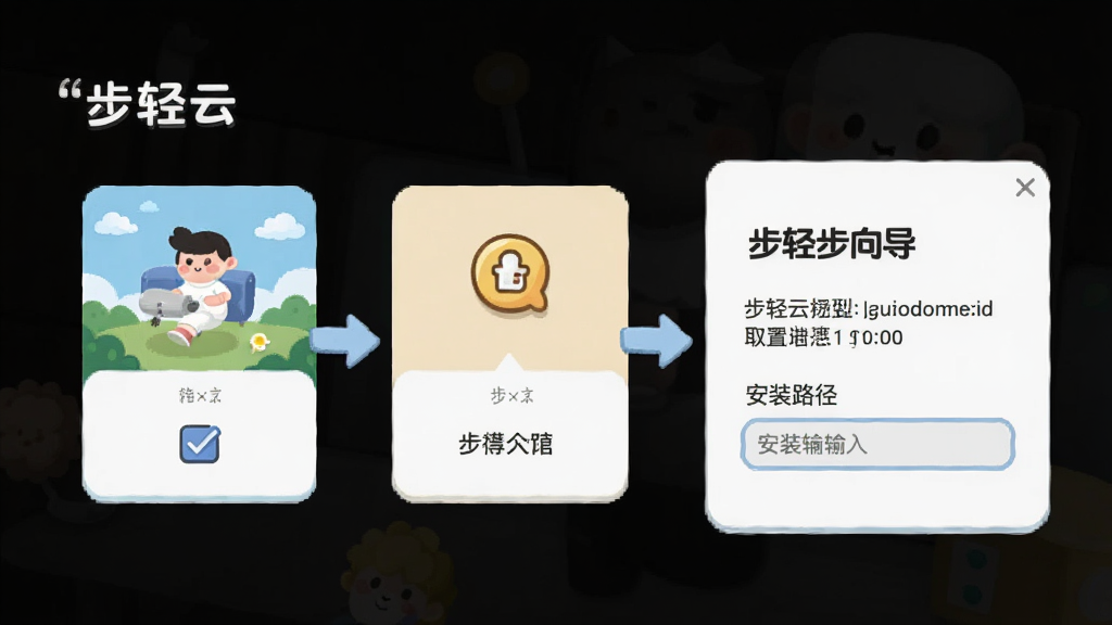 主体为步轻云新手设置向导界面,布局为分步卡片式,排版为左图右文,风格为友好插画风,细节包含勾选框、权限图标、安装路径输入框,画质为高清,干净无多余元素,界面中显示文字“步轻云”
