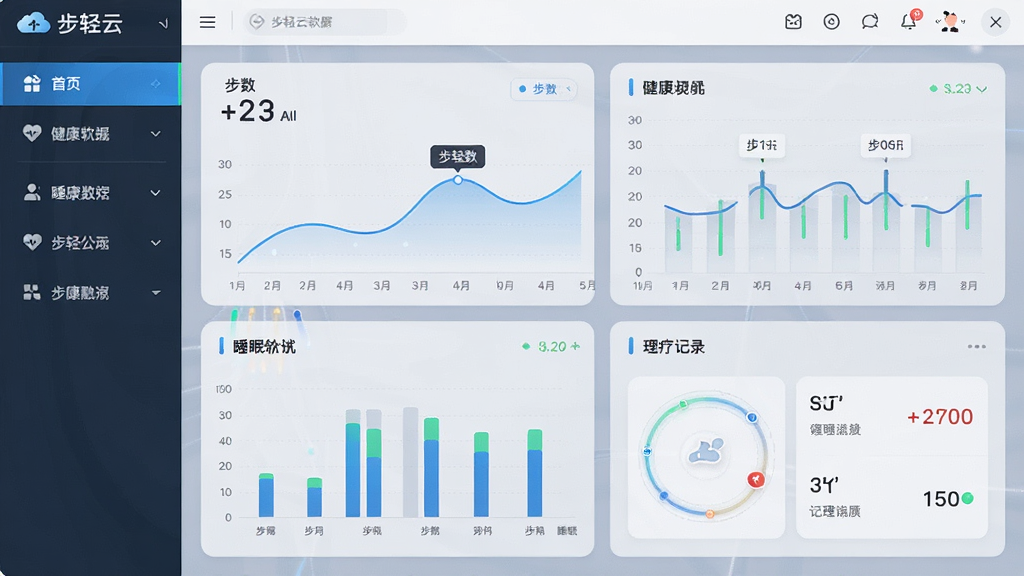 主体为步轻云软件主界面,布局采用左右分栏,左侧为功能导航,右侧为健康数据仪表盘,排版简洁清晰,风格为现代扁平化科技风,细节包含步数曲线、睡眠柱状图、理疗记录卡片,画质为高清2K,干净无多余元素,界面中显示文字“步轻云”