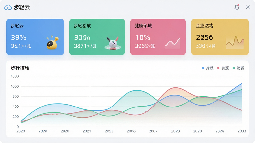 主体为步轻云健康数据看板界面,布局为上方摘要卡片下方折线图,排版采用网格化对齐,风格为清爽浅色系,细节包含彩色数据卡片、平滑曲线、日期标签,画质为高清,干净无多余元素,界面中显示文字“步轻云”