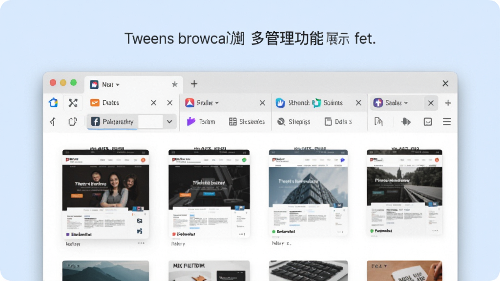 Tweens浏览器多标签管理功能展示图,画面中浏览器窗口顶部排列着多个标签页,每个标签页显示不同网站图标,界面整洁有序,背景为淡蓝色,风格简约商务,画质清晰干净