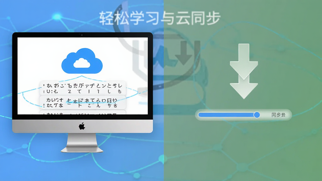 日语单词轻松学离线学习与云同步,主体是电脑屏幕显示云朵图标和本地下载箭头,布局为左右对比示意,排版简洁,风格为轻量科技风,细节包括日语单词列表和同步进度条,画质清晰,干净,无多余元素