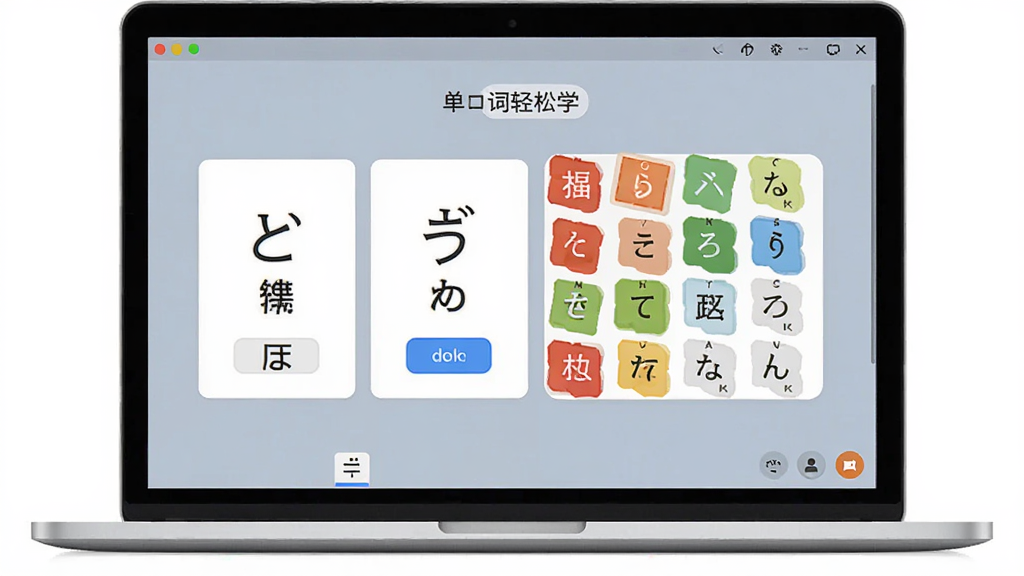 日语单词轻松学软件主界面,主体是一台打开的笔记本电脑屏幕显示着日语单词卡片和五十音图,布局为居中展示软件界面,排版简洁清晰,风格为现代扁平化科技风,细节包括屏幕上显示着日语假名和中文释义以及发音按钮,画质高清,干净,无多余元素