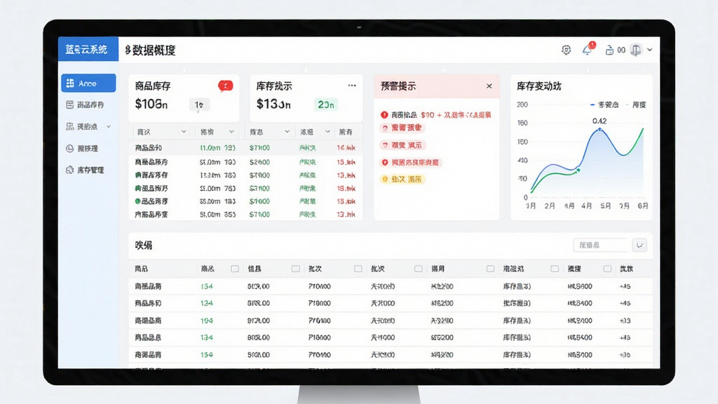 画面主体为蓝云系统门店版库存管理界面,屏幕上显示商品库存列表、预警提示与库存变动曲线;布局采用上下结构,上方为数据概览卡片,下方为明细表格;排版整齐,数据清晰;风格为清新浅色商务风;细节包括库存预警红色标识、批次信息标签;画质高清,画面干净,无多余元素。