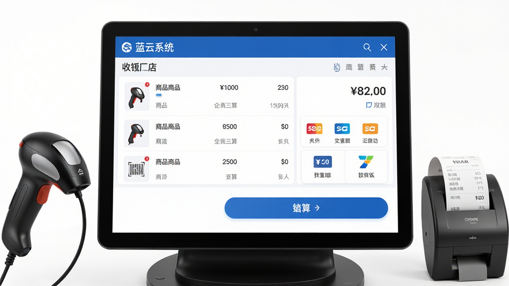 画面主体为蓝云系统门店版收银结算界面特写,屏幕上显示商品清单、应付金额与多种支付方式图标;布局为居中展示,四周留白;排版清晰,重点突出结算按钮;风格为简洁商务风,蓝色主色调;细节包括扫码枪、小票打印机等外设轮廓;画质高清,画面干净,无多余元素。