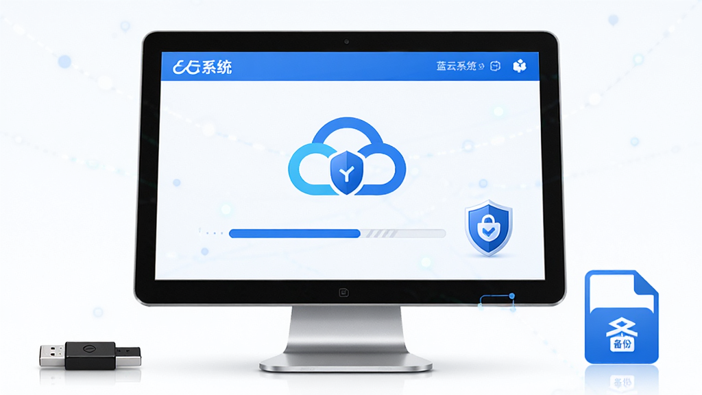 画面主体为一台收银电脑屏幕显示蓝云系统门店版正常运行界面,旁边放置U盘与备份文件图标;布局为居中构图,电脑为主视觉;排版简洁,突出数据安全主题;风格为科技商务风,蓝白配色;细节包括备份进度条、盾牌安全图标;画质高清,画面干净,无多余元素。