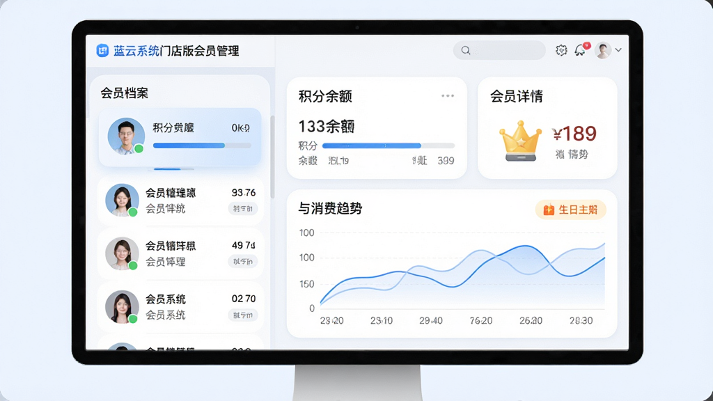 画面主体为蓝云系统门店版会员管理界面,屏幕上显示会员档案卡片、积分余额与消费趋势图;布局为左右分栏,左侧为会员列表,右侧为会员详情;排版清晰,重点突出会员等级标识;风格为柔和圆角卡片风,浅色背景;细节包括会员头像、积分进度条、生日提醒图标;画质高清,画面干净,无多余元素。
