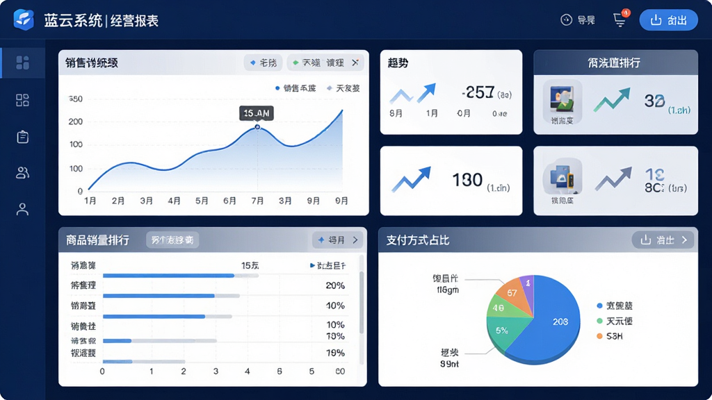 画面主体为蓝云系统门店版经营报表界面,屏幕上显示销售曲线图、商品销量排行与支付方式占比饼图;布局为仪表盘式网格排列;排版紧凑,数据可视化清晰;风格为现代数据看板风,深蓝与白色搭配;细节包括数据卡片、趋势箭头、导出按钮;画质高清,画面干净,无多余元素。