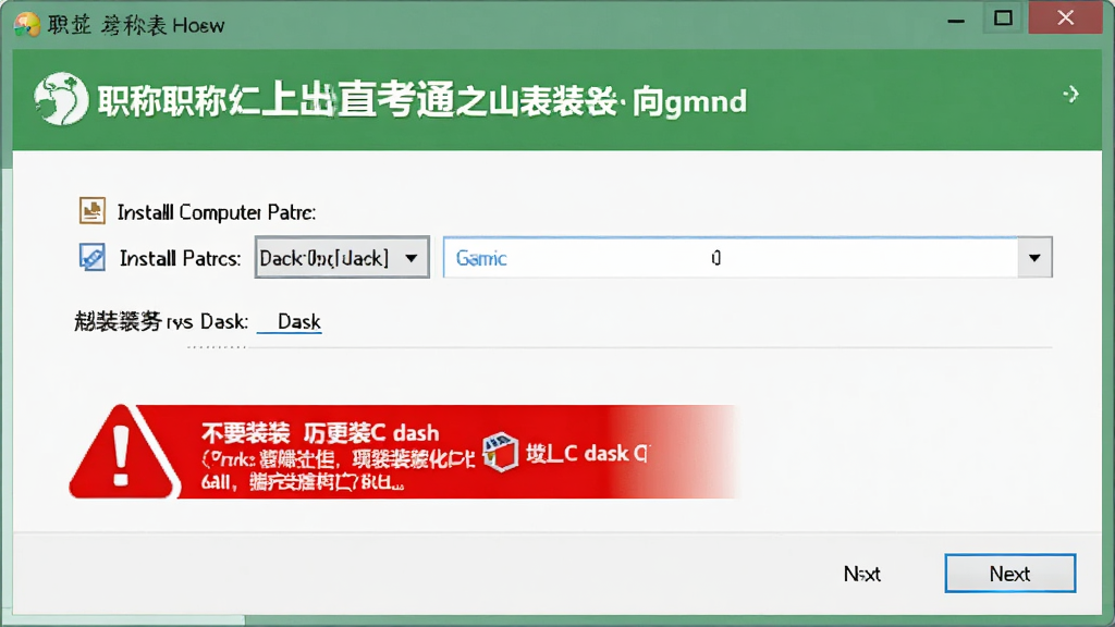 一张展示职称计算机直考通之金山表格安装向导界面的图片,画面中有安装路径选择框和下一步按钮,旁边有红色警示标志提醒不要装C盘,风格清晰,细节到位,画质干净