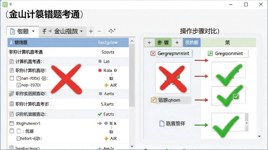 职称计算机直考通之金山表格错题回顾功能界面,画面中显示错题列表和操作步骤对比,有红色叉号和绿色对勾标注,风格直观,细节清晰,画质干净,无多余元素