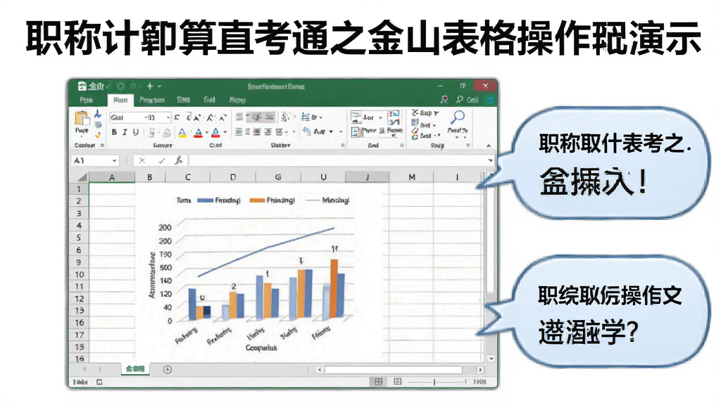 一张展示职称计算机直考通之金山表格操作演示功能的图片,画面中有一个动画演示窗口,展示如何在金山表格中插入图表,旁边有文字说明气泡,风格教学化,细节清楚,画质干净,无干扰元素
