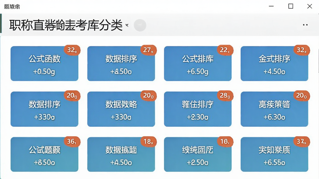 一张展示职称计算机直考通之金山表格题库分类界面的图片,界面中列出多个知识模块按钮,如公式函数、数据排序等,每个按钮旁有题目数量角标,背景干净,排版整齐,风格清爽,画质细腻