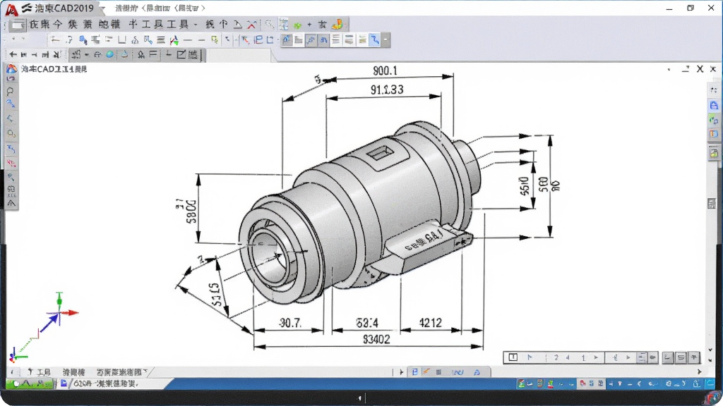 一张展示浩辰CAD2019标注工具使用场景的图片,主体为电脑屏幕显示带有尺寸标注的机械零件图,布局为绘图区居中,排版清晰,风格为技术图纸风格,细节包含标注箭头和数值,画质清晰,干净,无多余元素