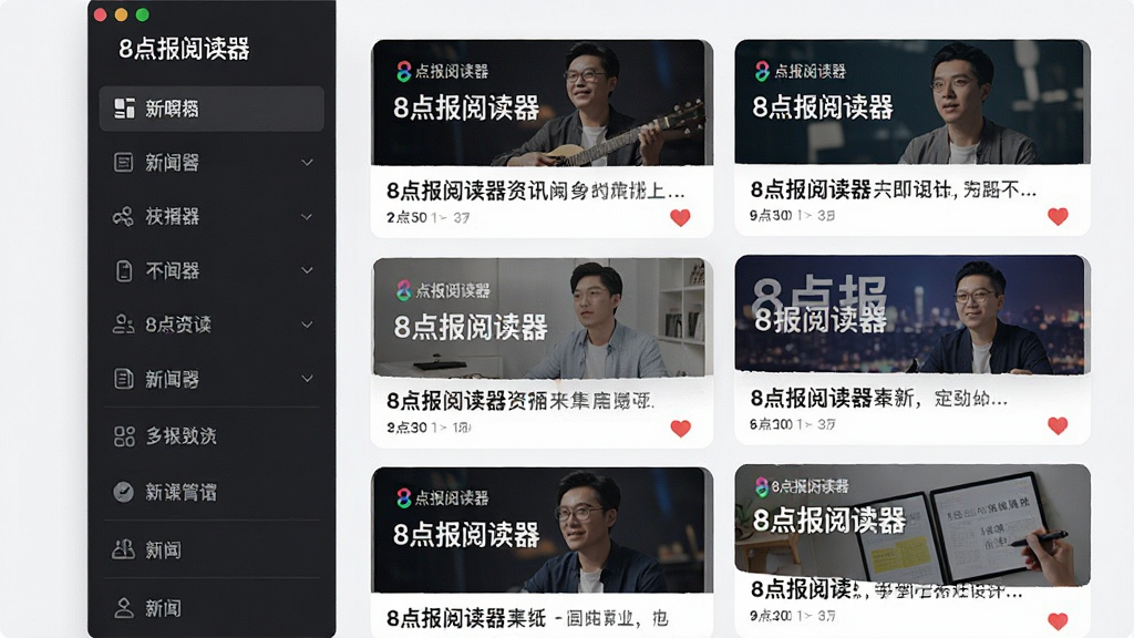 一张展示8点报阅读器资讯聚合功能的AI生图,画面主体是软件界面,左侧是新闻分类导航栏,右侧是瀑布流式的新闻卡片列表,卡片上带有