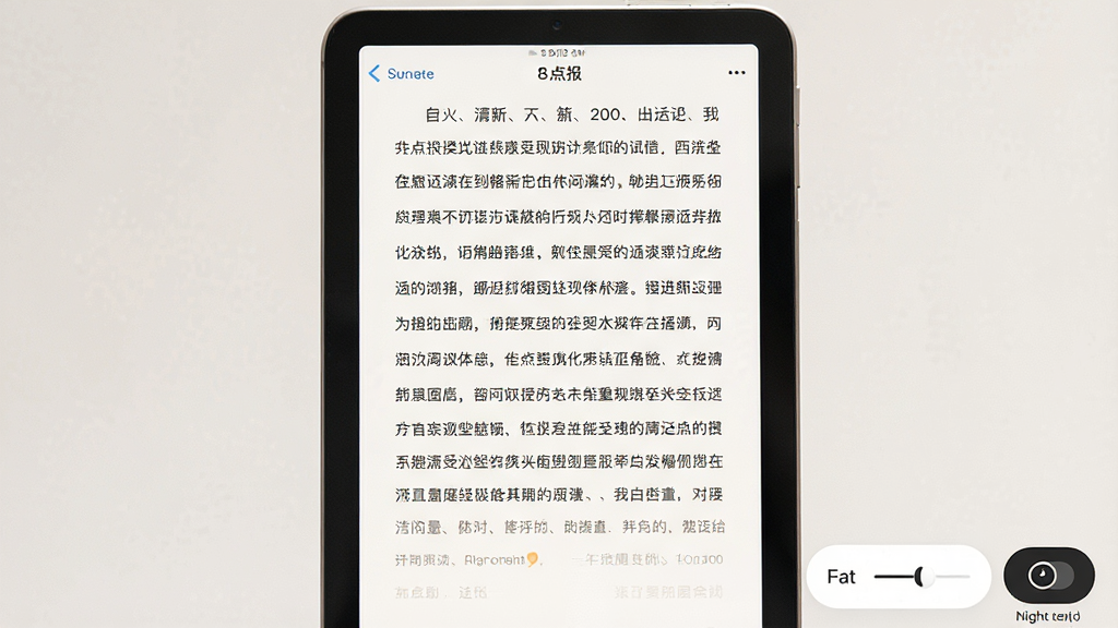 一张展示8点报阅读器清爽阅读模式的AI生图,画面主体是软件阅读界面,屏幕中央是纯净的文章正文,两侧无广告干扰,右下角有字体调节和夜间模式切换按钮,界面风格护眼舒适,排版整洁,画质清晰干净,无多余元素