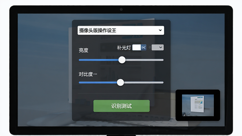 电脑阅卷王 摄像头版操作设置界面,主体为电脑屏幕上的参数调节面板,布局为居中纵向构图,上方为摄像头选择下拉框,中间为亮度和对比度滑块,下方为识别测试按钮,排版为设置面板风格,细节包含分辨率选项、补光灯图标、测试预览小窗口,画质为高清,干净,无多余元素