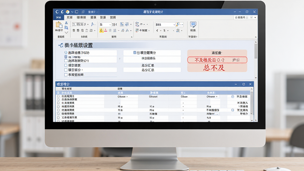 电脑阅卷王 摄像头版多题型识别评分界面,主体为电脑屏幕上的成绩统计表格,布局为居中纵向构图,上方为题型设置面板,下方为学生得分列表,排版清晰分层,风格为办公软件风,细节包含选择题得分、填空题得分、总分汇总、红色不及格标记,画质为高清,干净,无多余元素
