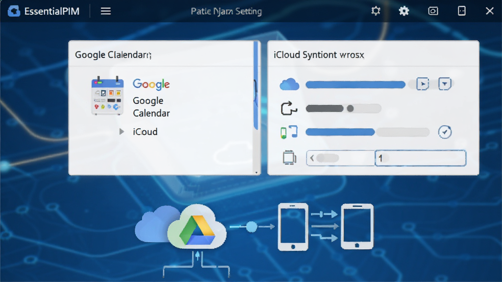 EssentialPIM 数据同步设置界面,展示 Google 日历与 iCloud 同步选项,云盘图标与设备连接示意,科技感蓝白风格,布局清晰,画质精细