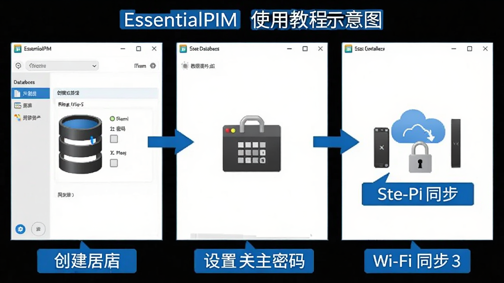 EssentialPIM 使用教程示意图,展示创建数据库、设置主密码、Wi-Fi 同步三个步骤,界面截图风格,蓝色标注重点,干净清晰,高画质