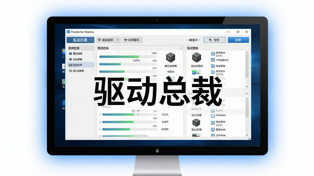 一张展示驱动总裁软件主界面的图片,主体为电脑屏幕上运行着驱动总裁的窗口界面,窗口内显示硬件检测结果与驱动更新列表,布局为居中展示软件完整界面,排版上屏幕位于画面中央,周围有淡淡的蓝色光晕,风格为科技感写实风格,细节包括界面按钮、进度条、硬件图标清晰可见,画质高清干净无多余元素,图片中打文字“驱动总裁”