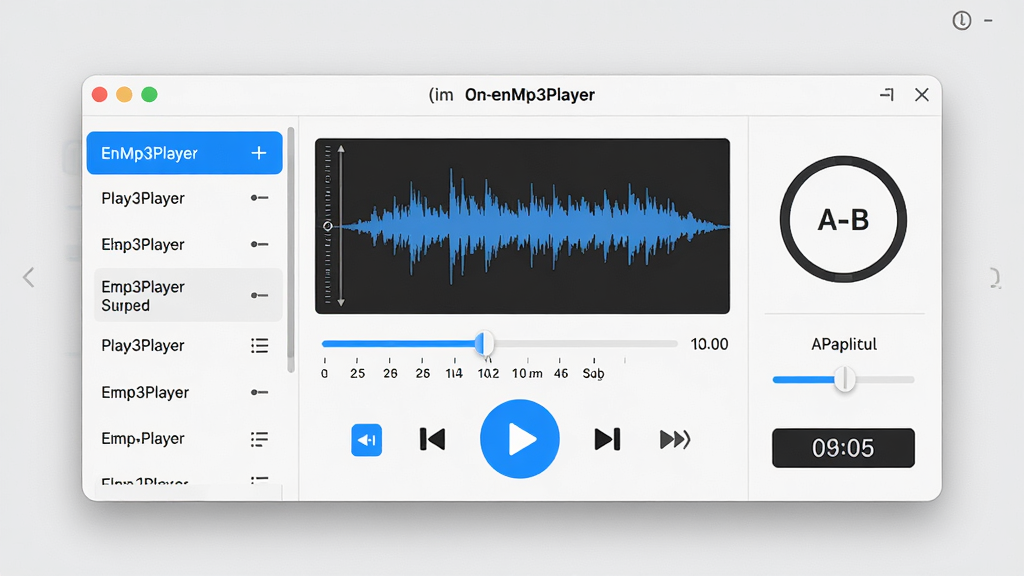 EnMp3Player(mp3逐句复读)软件主界面全貌展示,主体为居中悬浮的播放器窗口,布局左侧为播放列表,中间为波形显示与逐句复读控制区,右侧为A-B循环与变速调节面板,排版清晰规整,风格采用现代扁平化设计,细节包含蓝色高亮按钮、时间轴刻度、复读次数计数器,画质高清,界面干净,无多余元素