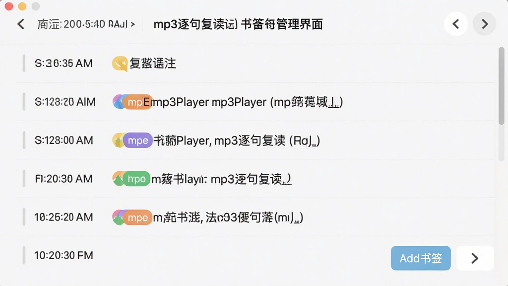 EnMp3Player(mp3逐句复读)书签管理界面,主体为纵向列表,布局左侧为时间点,右侧为备注文字,排版整齐,风格为浅色极简,细节包含彩色标签、添加书签按钮、跳转箭头,画质高清,界面干净无冗余元素