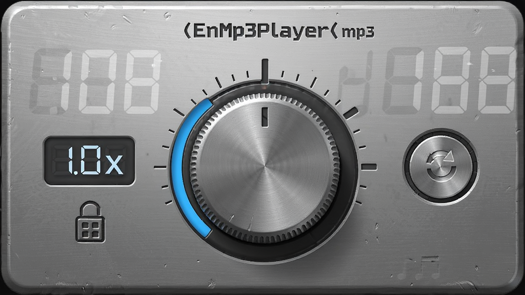 EnMp3Player(mp3逐句复读)变速播放控制面板特写,主体为圆形旋钮与数字刻度,布局居中,排版简洁,风格为拟物化金属质感,细节包含速度数值“1.0x”、音调锁定图标、重置按钮,画质精细,背景干净无多余装饰
