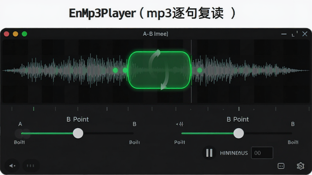 EnMp3Player(mp3逐句复读)功能展示图,主体为软件界面中A-B循环设置区域,布局上方为波形图,下方为A点B点标记滑块,排版左右对称,风格为深色主题科技感,细节包含高亮绿色循环区间、复读次数显示、暂停间隔输入框,画质清晰,干净无杂乱元素