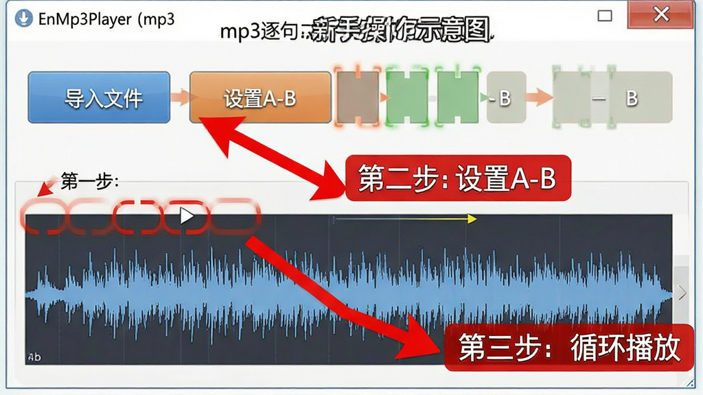 EnMp3Player(mp3逐句复读)新手操作示意图,主体为软件界面标注多个红色箭头与文字提示,布局覆盖主要按钮与波形区,排版引导视线从左上到右下,风格为教程图解,细节包含“第一步:导入文件”“第二步:设置A-B”“第三步:循环播放”等文字标签,画质清晰,干净无杂乱背景