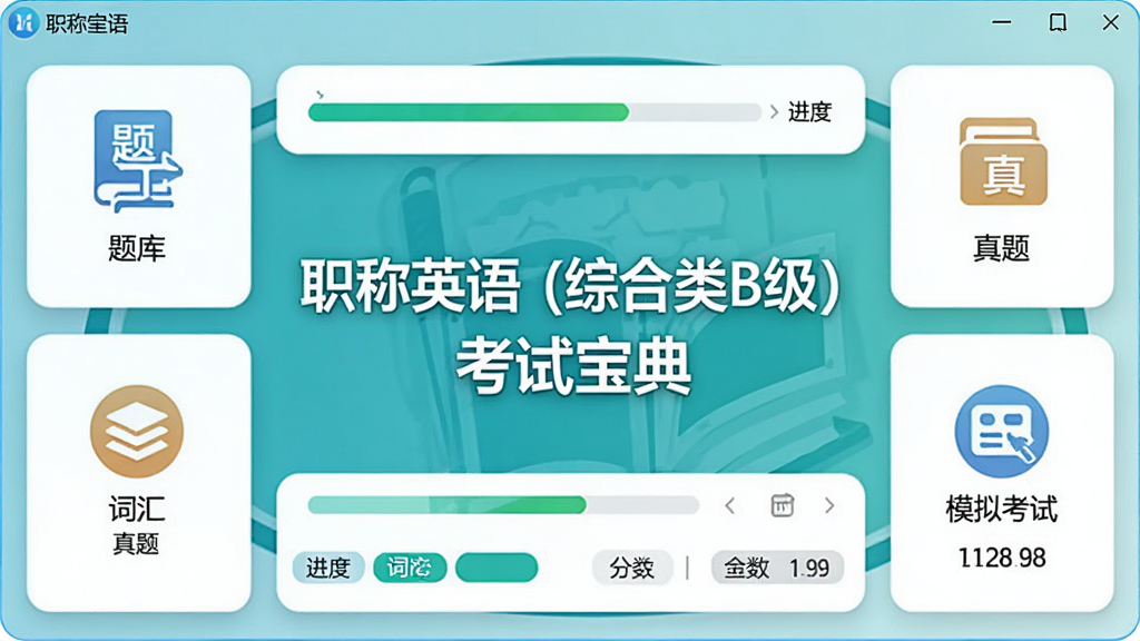 软件主界面展示,中央是“职称英语 (综合类B级) 考试宝典”标题,周围环绕着题库、词汇、真题、模拟考试等模块图标,界面布局清晰,排版简洁,风格为现代教育软件界面,细节包括进度条、分数显示、分类标签,画质高清,干净,无多余元素